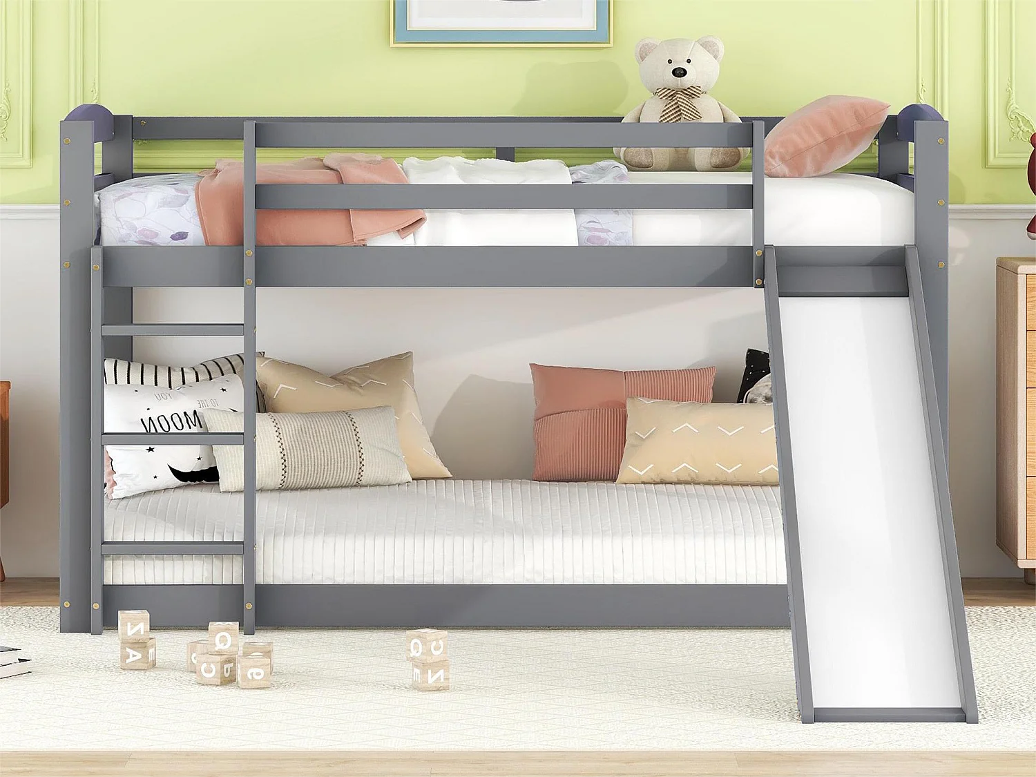 Literas de 2 plazas, 2x90x200cm con tobogán y barandilla, Estructura de pino, Somier de láminas incluido, Gris