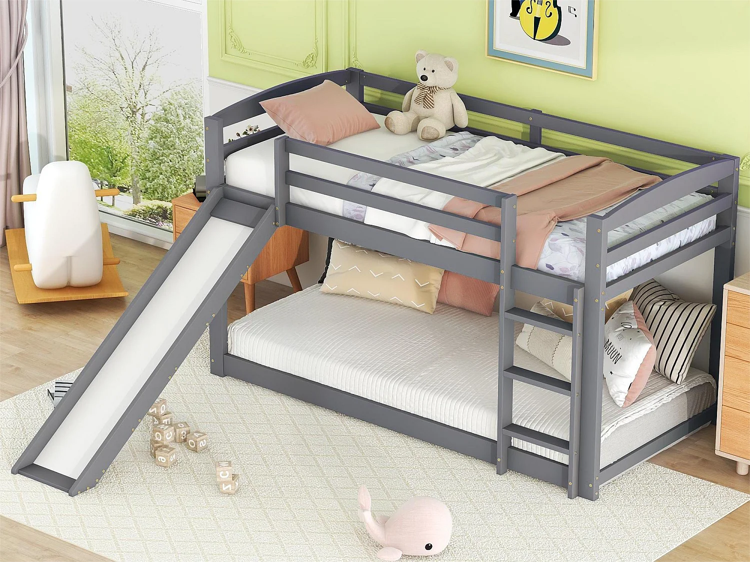 Literas de 2 plazas, 2x90x200cm con tobogán y barandilla, Estructura de pino, Somier de láminas incluido, Gris