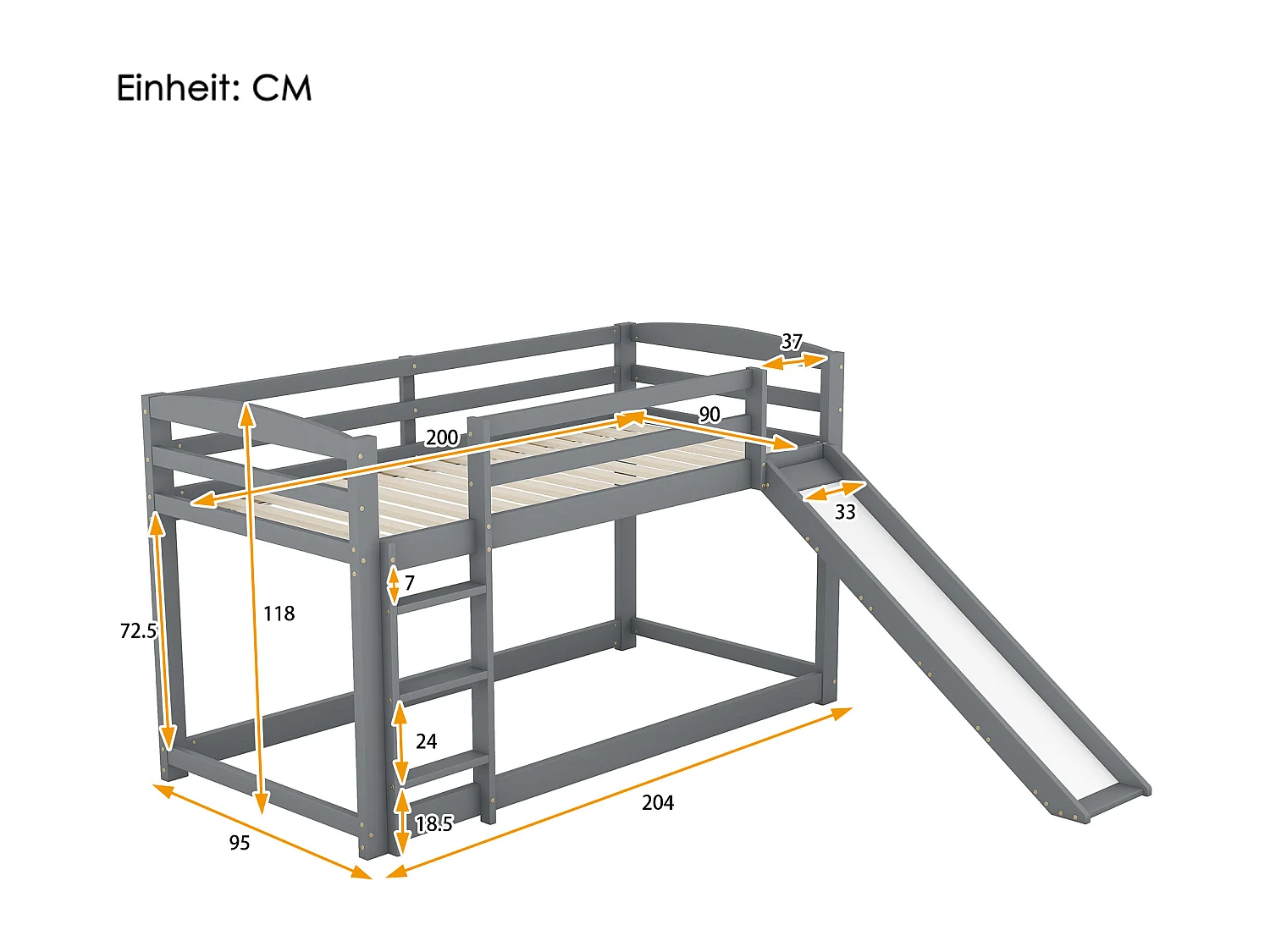 Łóżko piętrowe dwuosobowe, 2x90x200cm ze zjeżdżalnią i barierką, rama sosnowa, w zestawie stelaż z listew, kolor szary