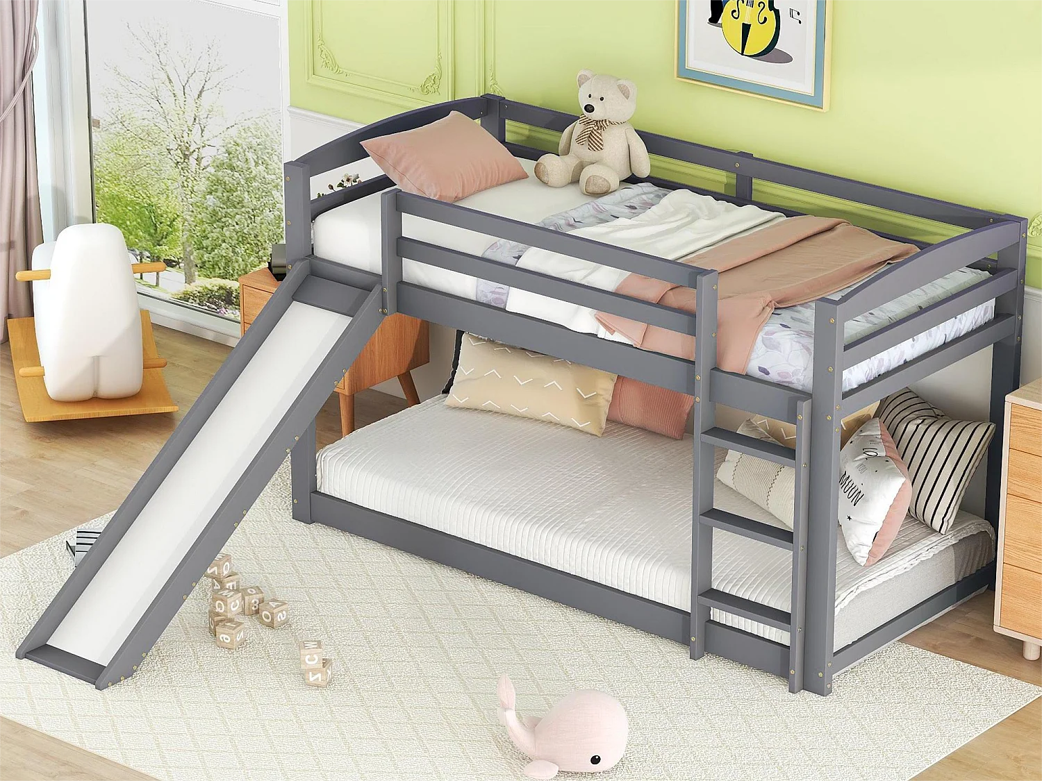 Letto a castello a 2 posti, 2x90x200 cm con scivolo e sponda, Struttura in pino, Rete a doghe inclusa, Grigio