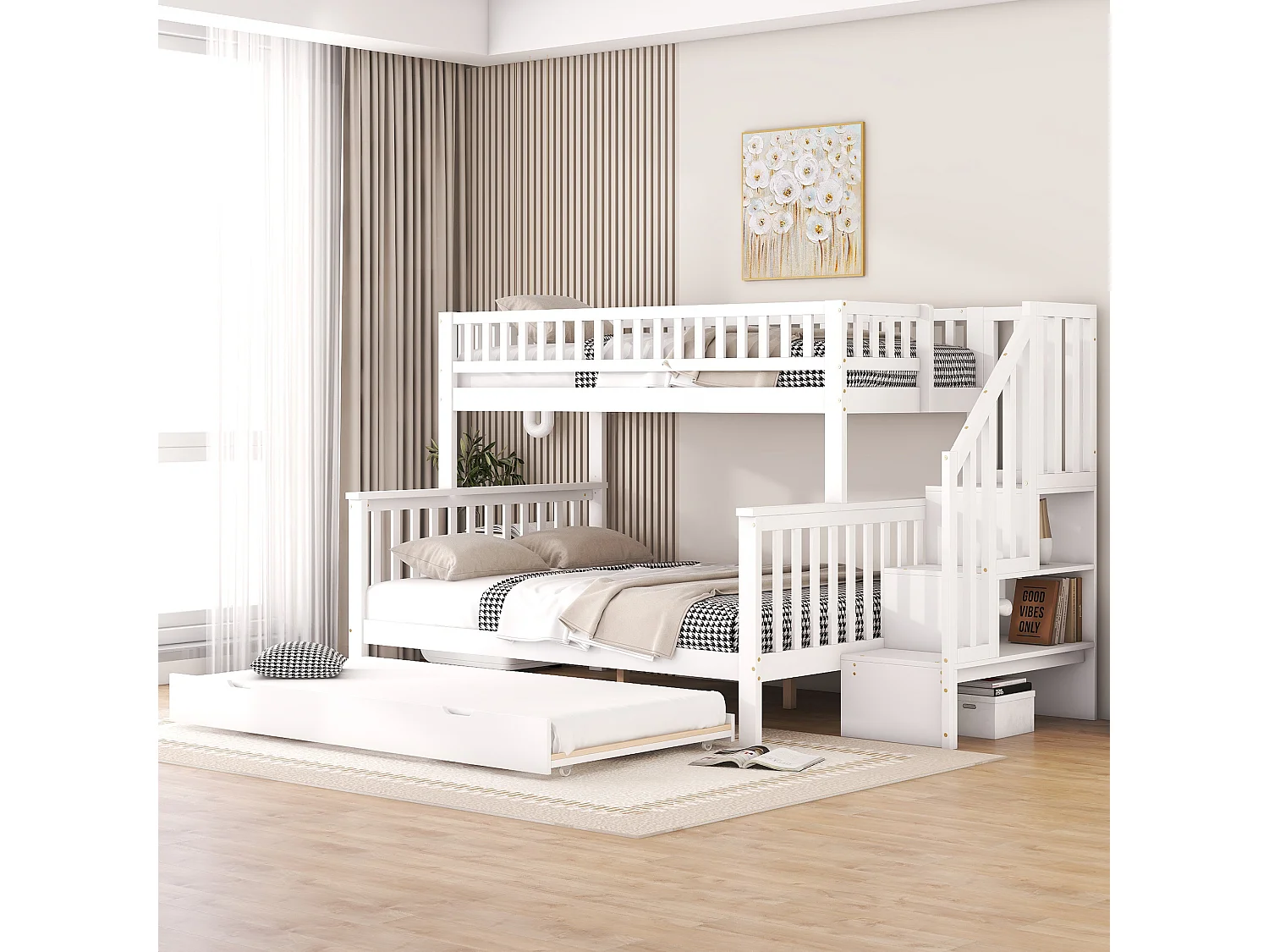 Stapelbed met 3-persoons onderschuifbed - 90 x 200 cm + 140 x 200 cm - trap en opbergplanken - grenen en MDF - wit