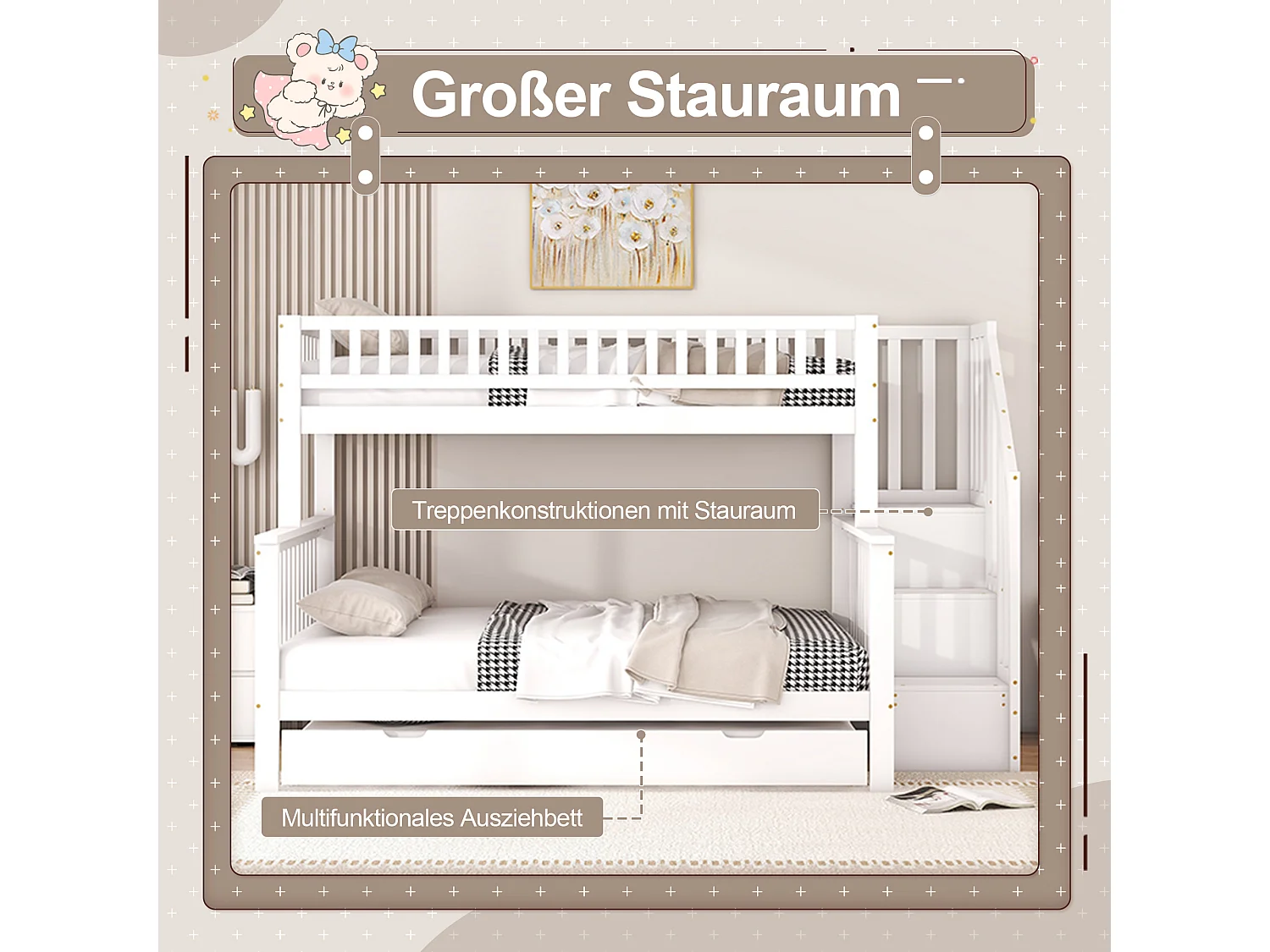 Stapelbed met 3-persoons onderschuifbed - 90 x 200 cm + 140 x 200 cm - trap en opbergplanken - grenen en MDF - wit