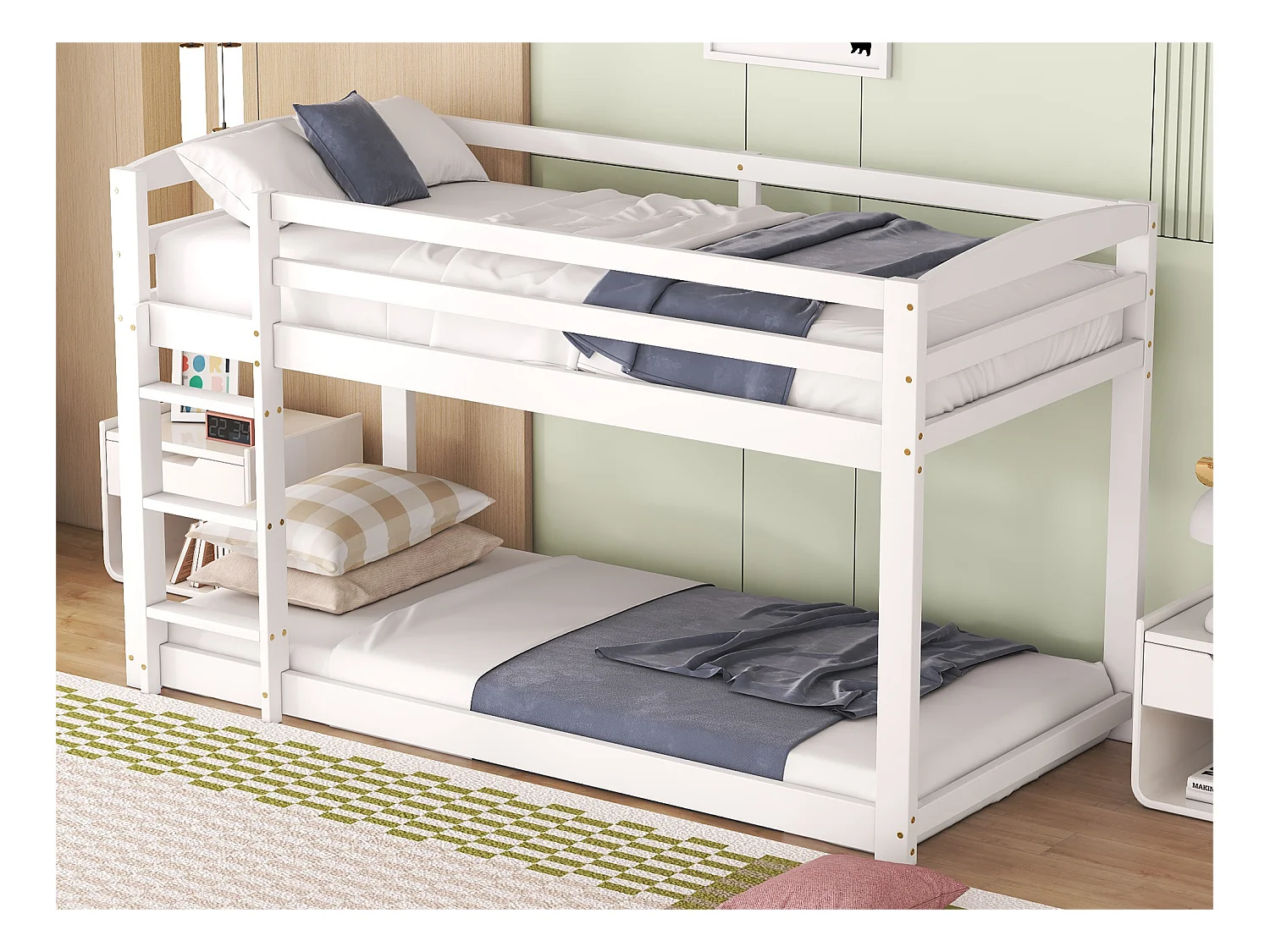 Lit superposé 2 x 90 x 200 cm pour enfants - pin - barrières et échelle - coloris blanc