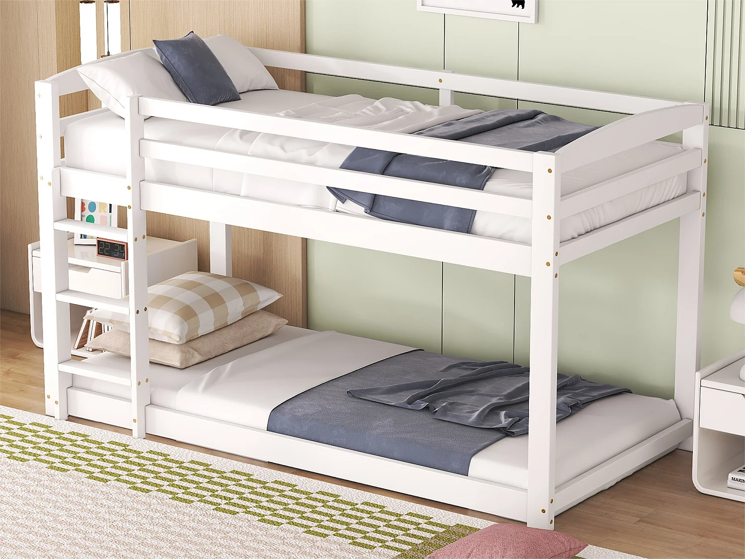 Lit superposé 2 x 90 x 200 cm pour enfants - pin - barrières et échelle - coloris blanc