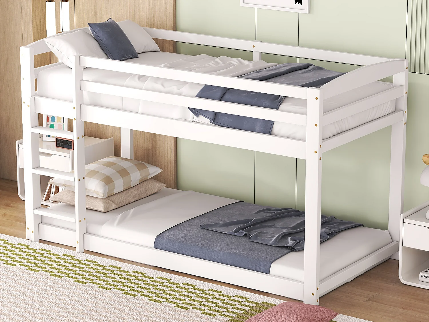 Letto a castello 2 x 90 x 200 cm per bambini - pino - barriere e scaletta - colore bianco