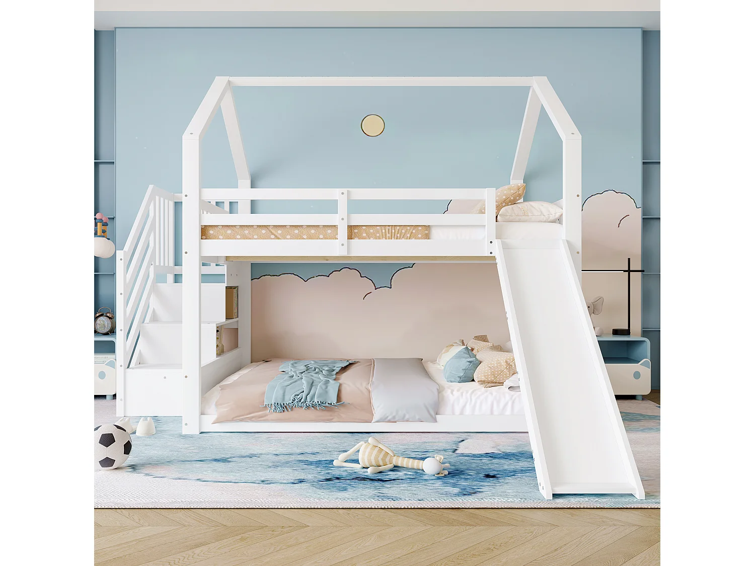 Lit superposé cabane 140 x 200 cm avec escalier de rangement et toboggan, bois pin et MDF, blanc