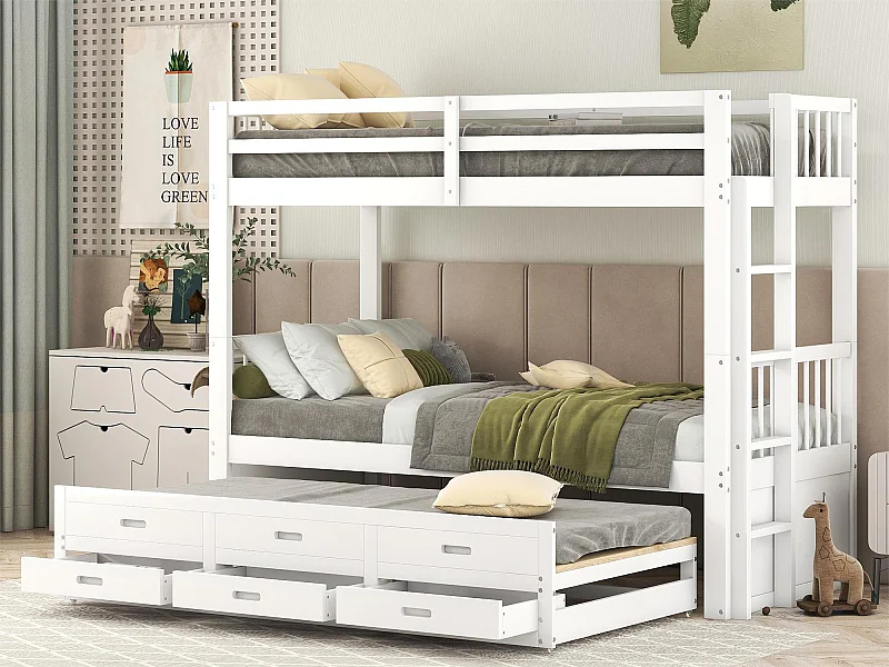 Lit superposé avec lit gigogne pour enfants 3 places - 90 x 200 cm - 3 tiroirs - pin et MDF - blanc