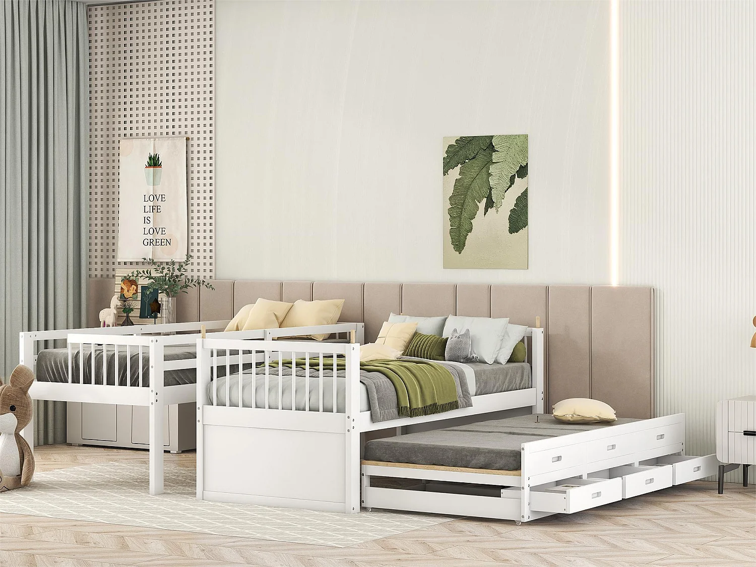 Lit superposé avec lit gigogne pour enfants 3 places - 90 x 200 cm - 3 tiroirs - pin et MDF - blanc