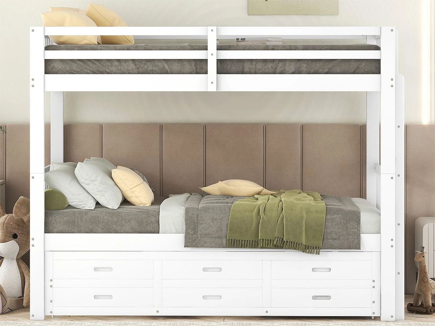 Lit superposé avec lit gigogne pour enfants 3 places - 90 x 200 cm - 3 tiroirs - pin et MDF - blanc