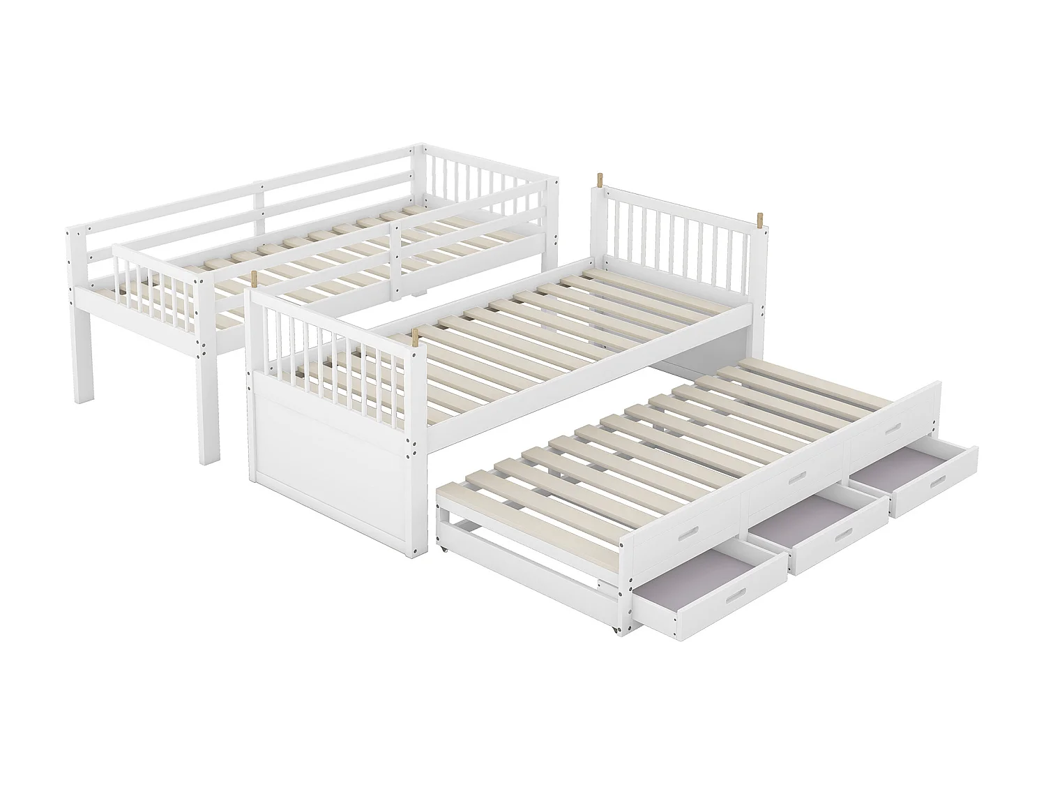 Lit superposé avec lit gigogne pour enfants 3 places - 90 x 200 cm - 3 tiroirs - pin et MDF - blanc