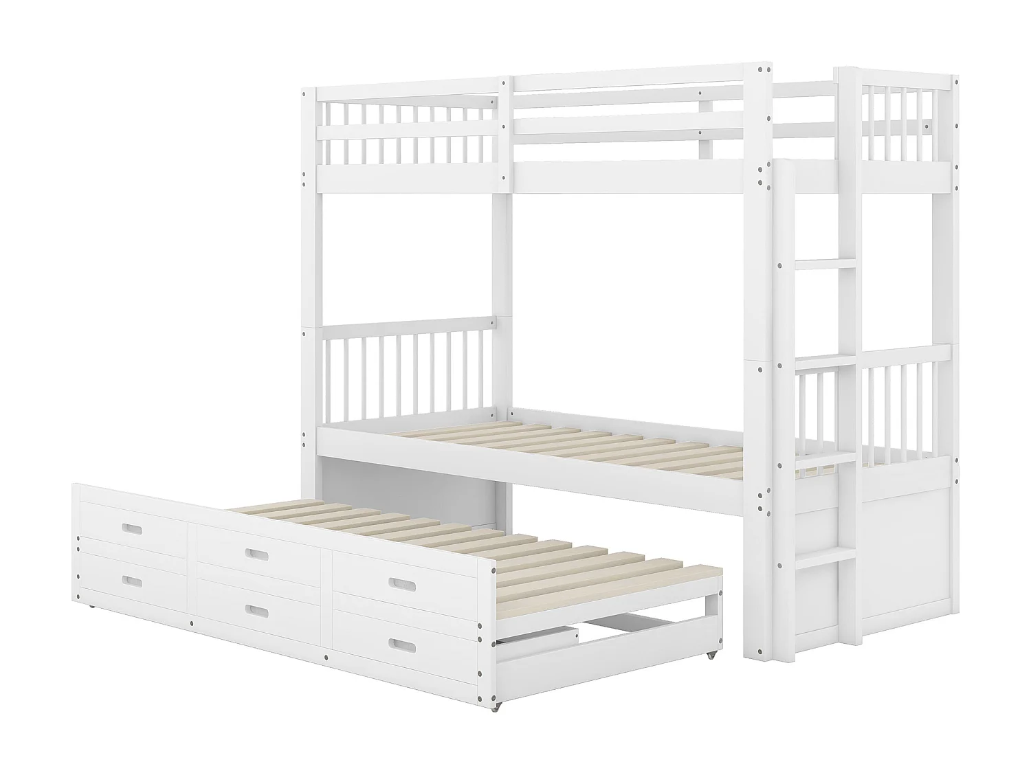 Lit superposé avec lit gigogne pour enfants 3 places - 90 x 200 cm - 3 tiroirs - pin et MDF - blanc