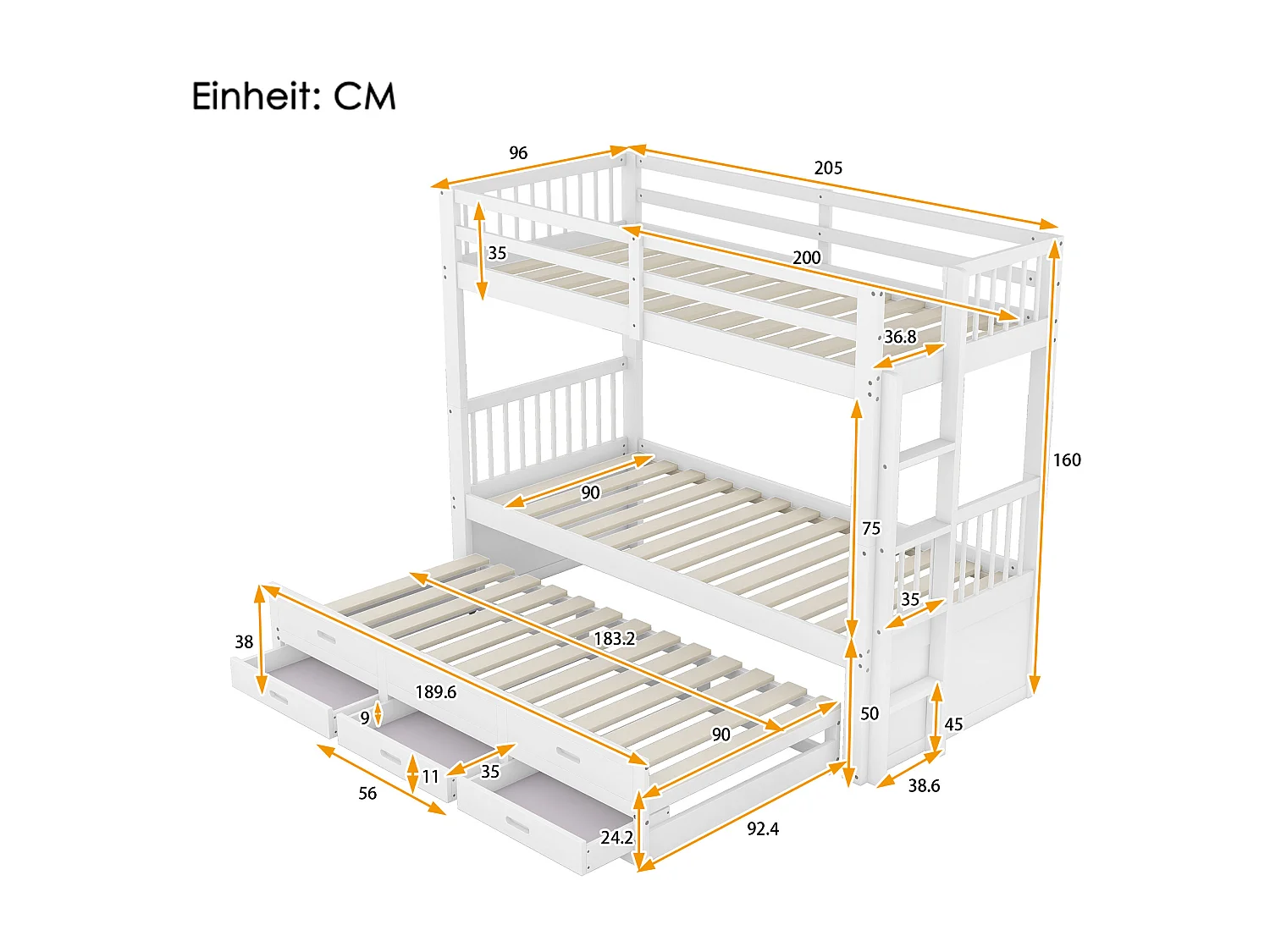 Lit superposé avec lit gigogne pour enfants 3 places - 90 x 200 cm - 3 tiroirs - pin et MDF - blanc