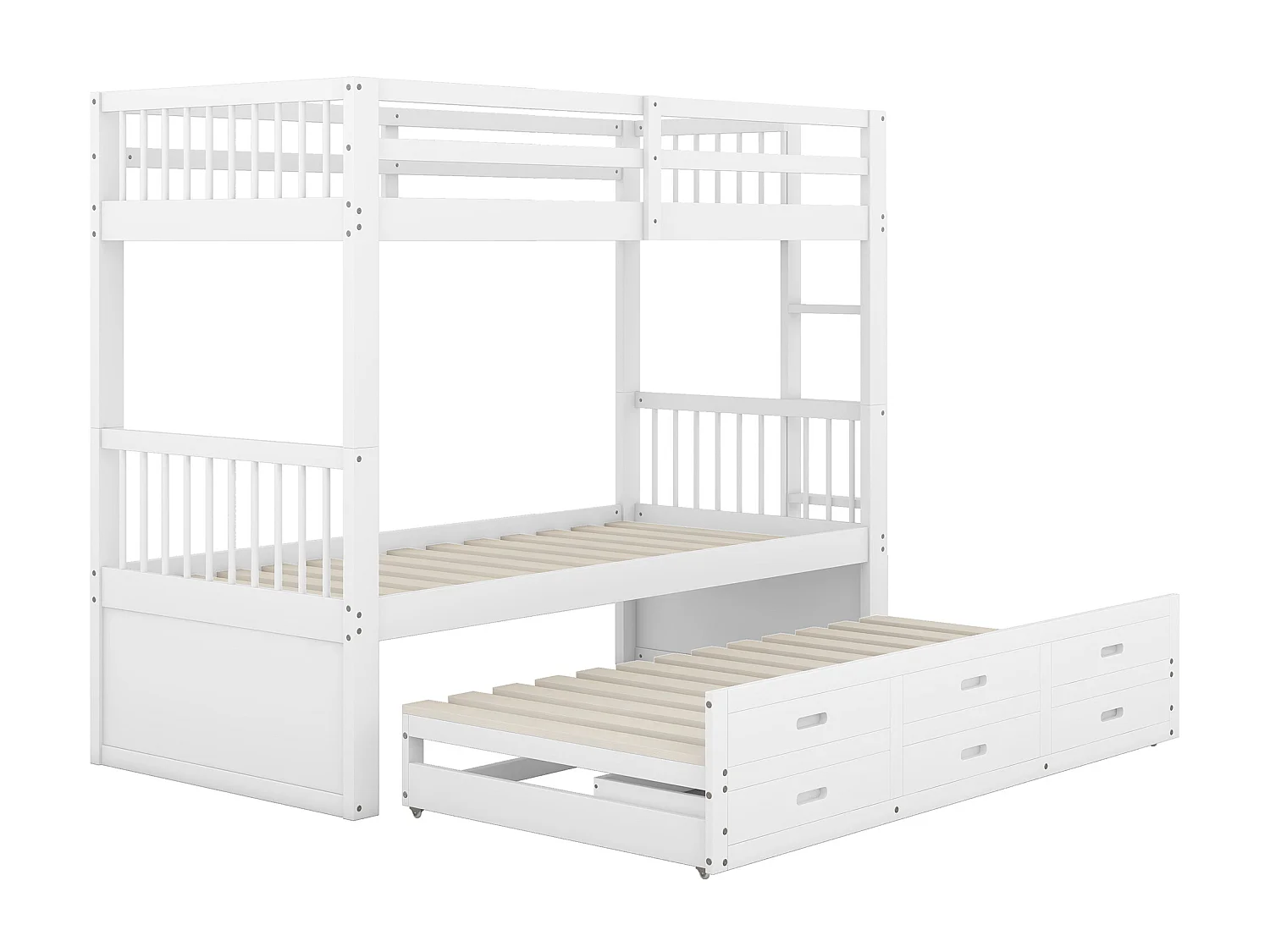 Lit superposé avec lit gigogne pour enfants 3 places - 90 x 200 cm - 3 tiroirs - pin et MDF - blanc