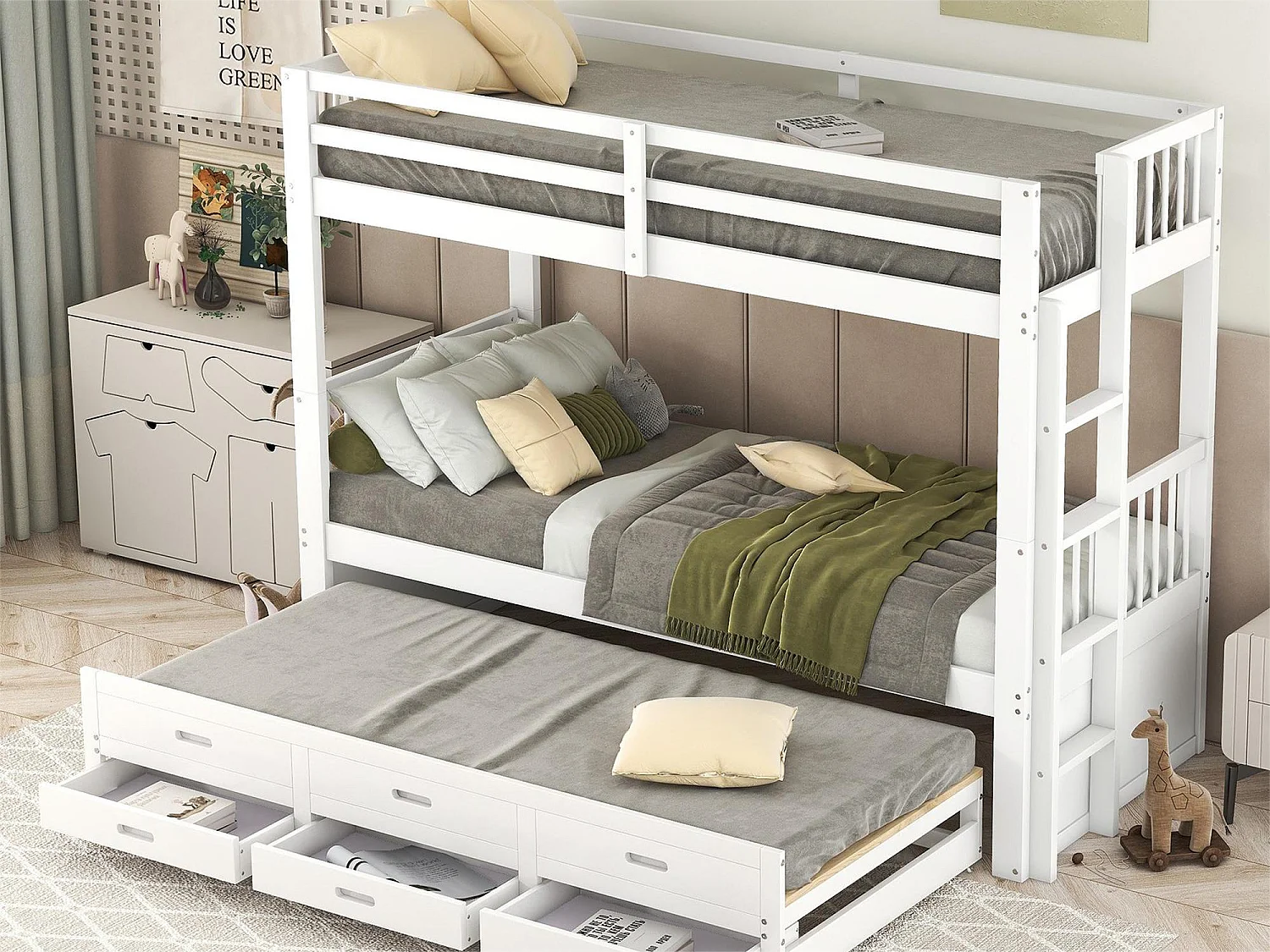 Lit superposé avec lit gigogne pour enfants 3 places - 90 x 200 cm - 3 tiroirs - pin et MDF - blanc