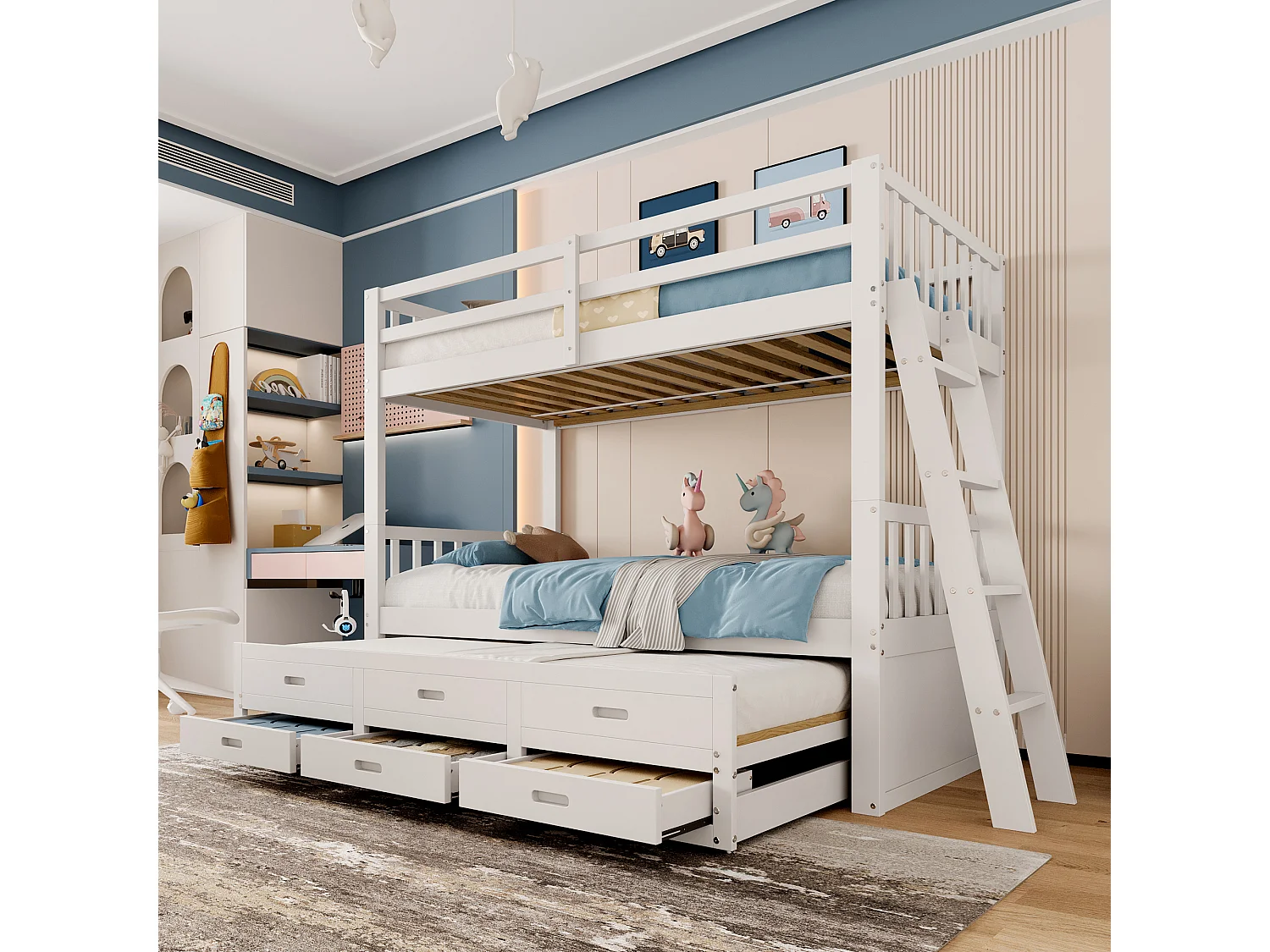 Etagenbett mit Ausziehbett für Kinder, 3 Plätze – 90 x 200 cm – 3 Schubladen – Kiefer und MDF – weiß