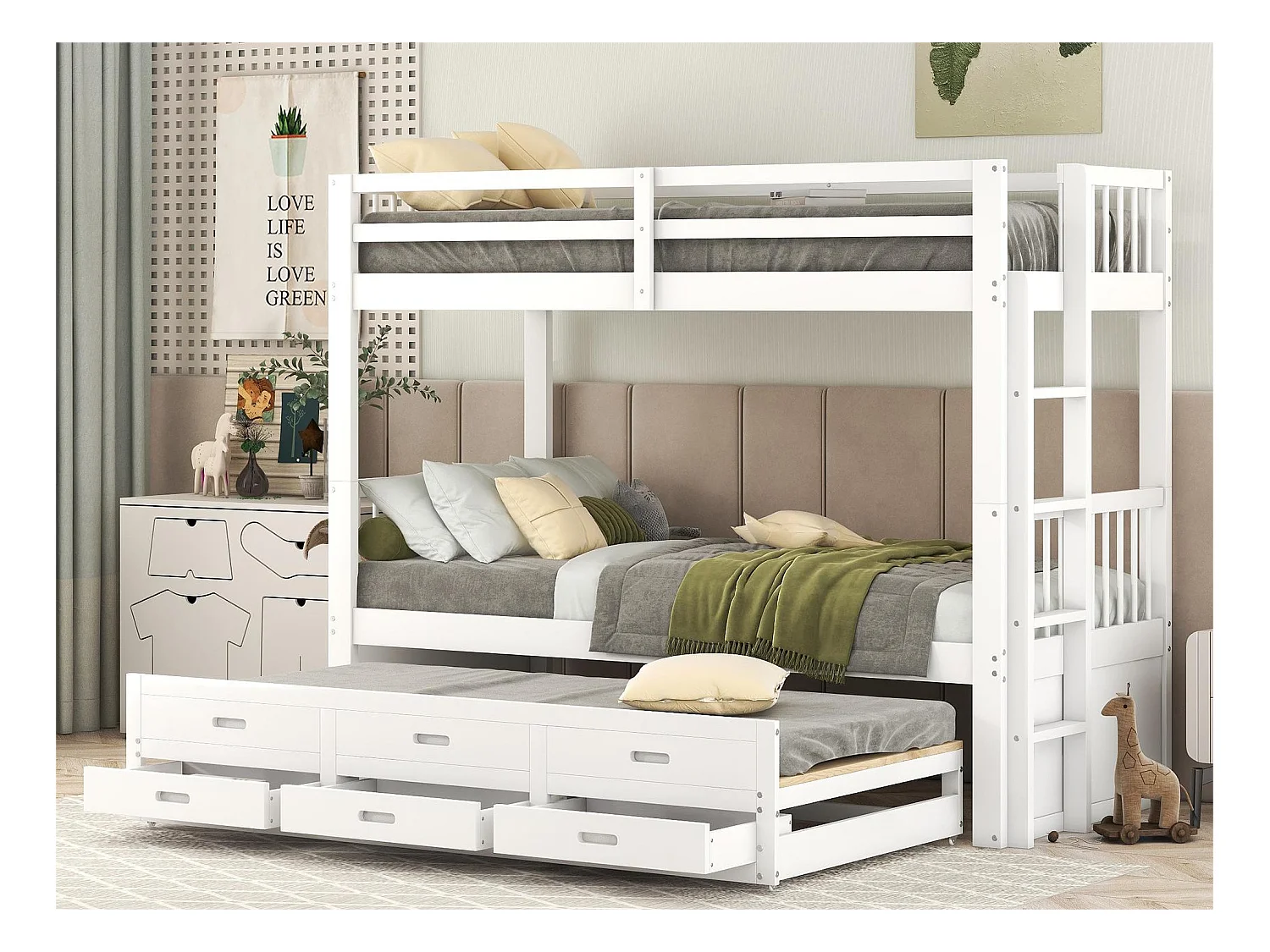 Lit superposé avec lit gigogne pour enfants 3 places - 90 x 200 cm - 3 tiroirs - pin et MDF - blanc