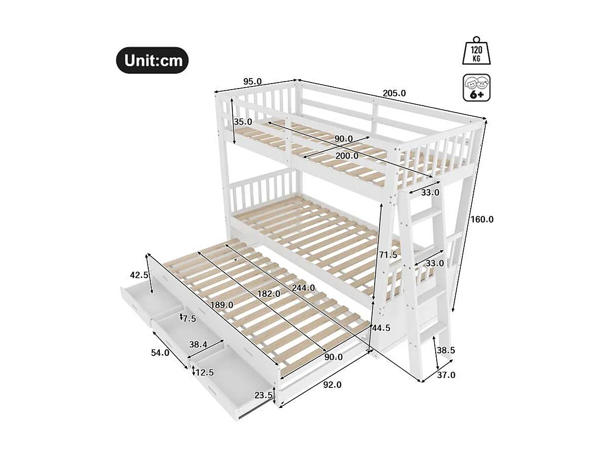 Lit superposé avec lit gigogne pour enfants 3 places - 90 x 200 cm - 3 tiroirs - pin et MDF - blanc