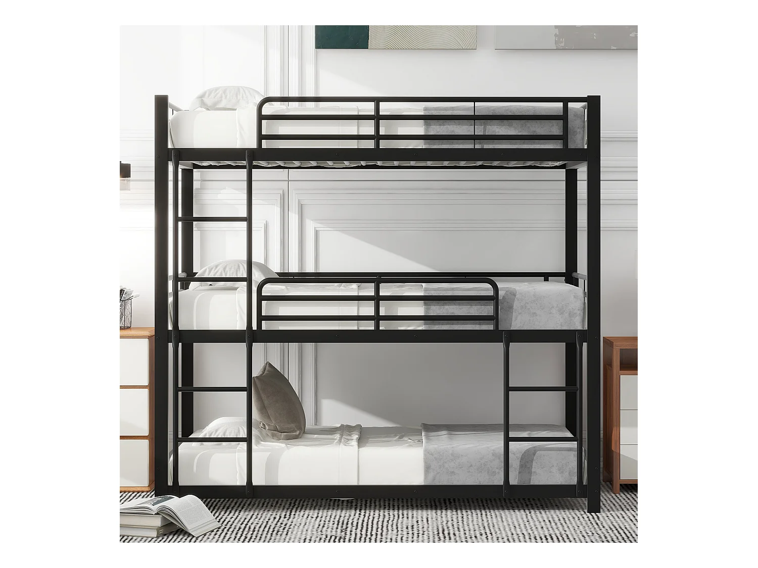 Lit superposé triple pour enfants - 90 x 200 cm - sommier à lattes inclus - métal noir