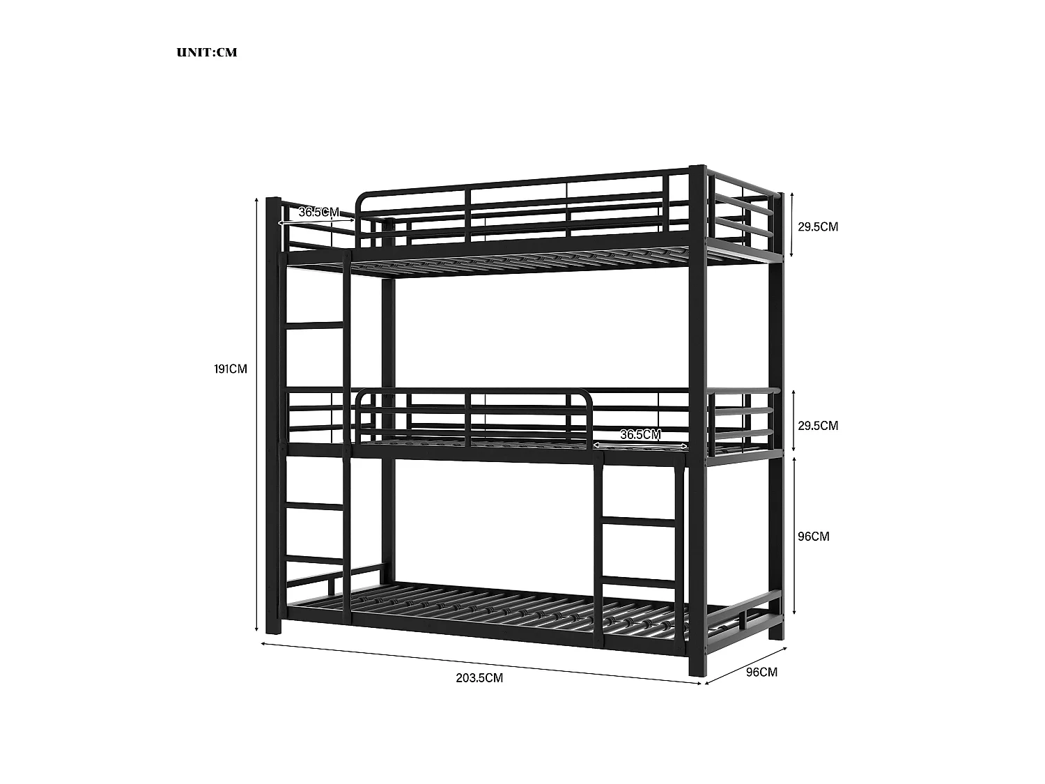 Lit superposé triple pour enfants - 90 x 200 cm - sommier à lattes inclus - métal noir