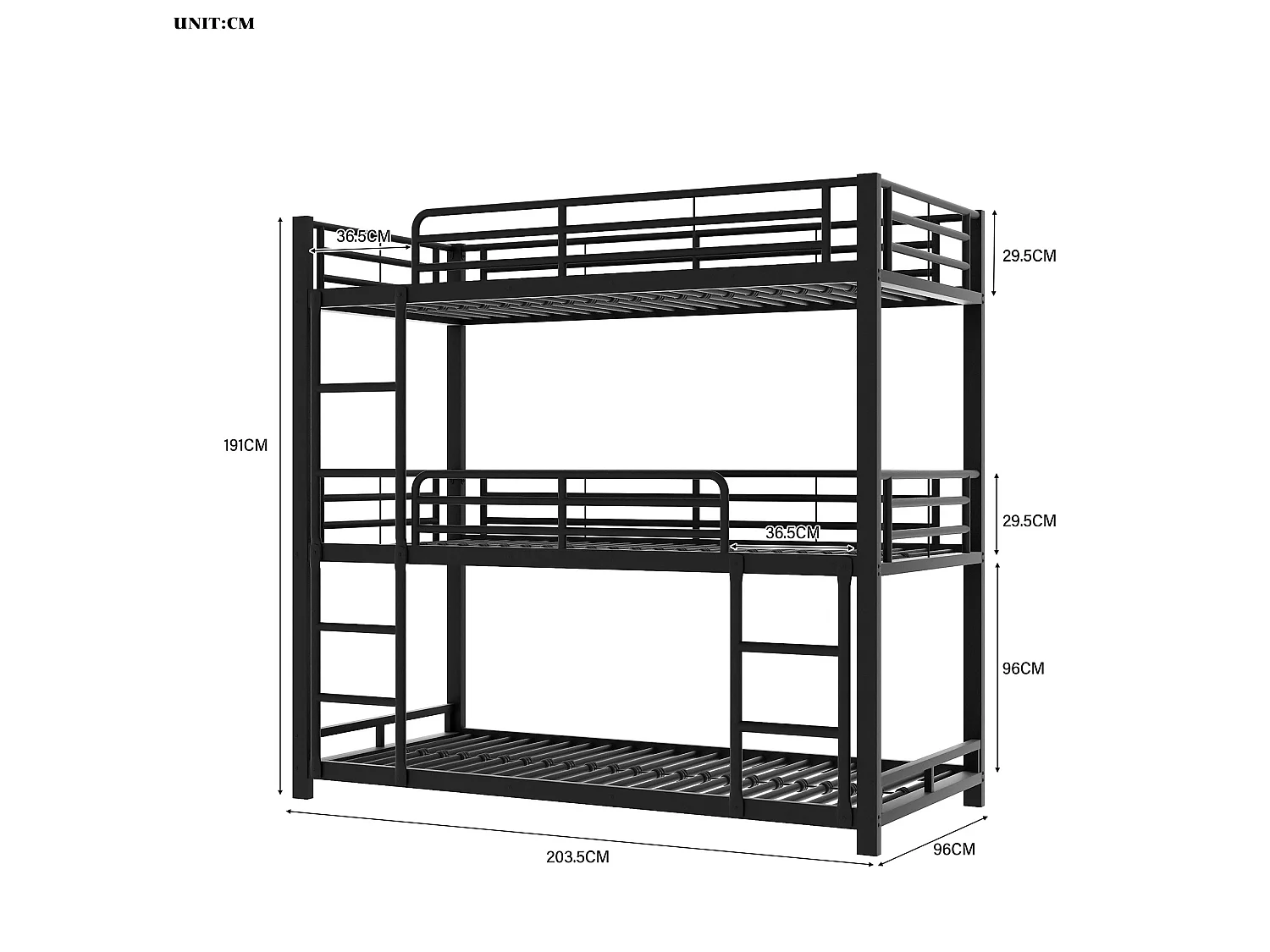 Lit superposé triple pour enfants - 90 x 200 cm - sommier à lattes inclus - métal noir