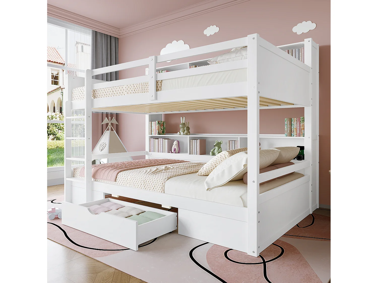 Stapelbed met lade en boekenkasten - 90 x 200 cm - grenenhout en MDF - inclusief lattenbodem - wit