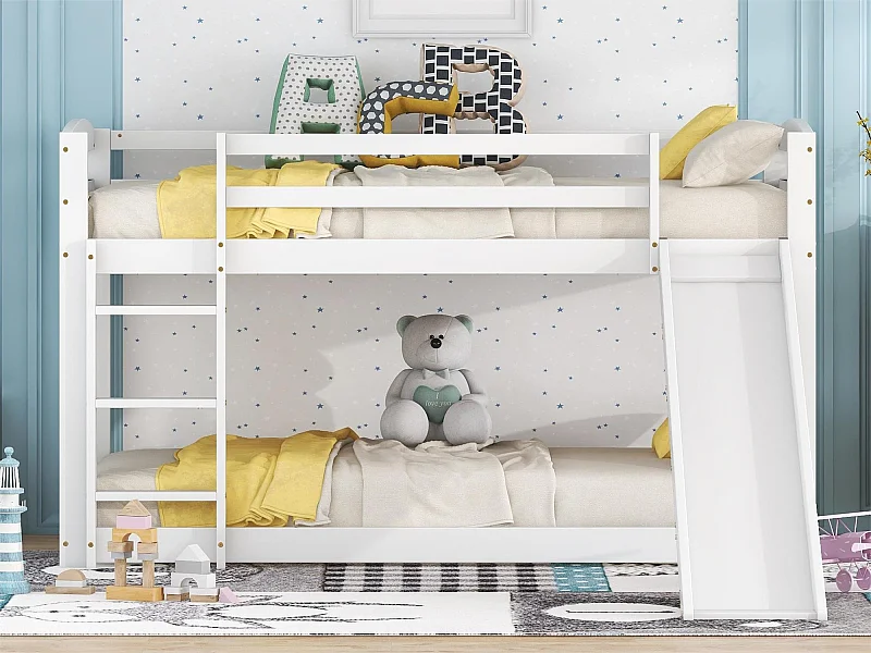 Beliches para 2 pessoas, 2x90x200cm com escorregador e guarda-corpo, Estrutura em pinho, Base de ripas incluída, Branco