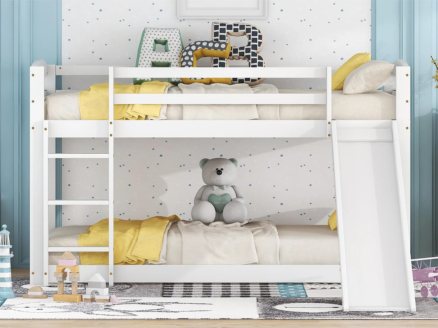 Literas para 2 personas, 2x90x200cm con tobogán y barandilla, Estructura de pino, Somier de láminas incluido, Blanco