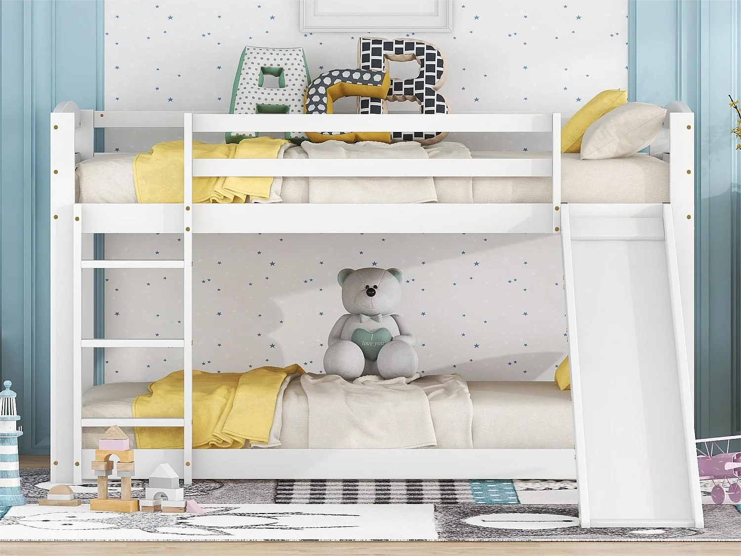 Beliches para 2 pessoas, 2x90x200cm com escorregador e guarda-corpo, Estrutura em pinho, Base de ripas incluída, Branco