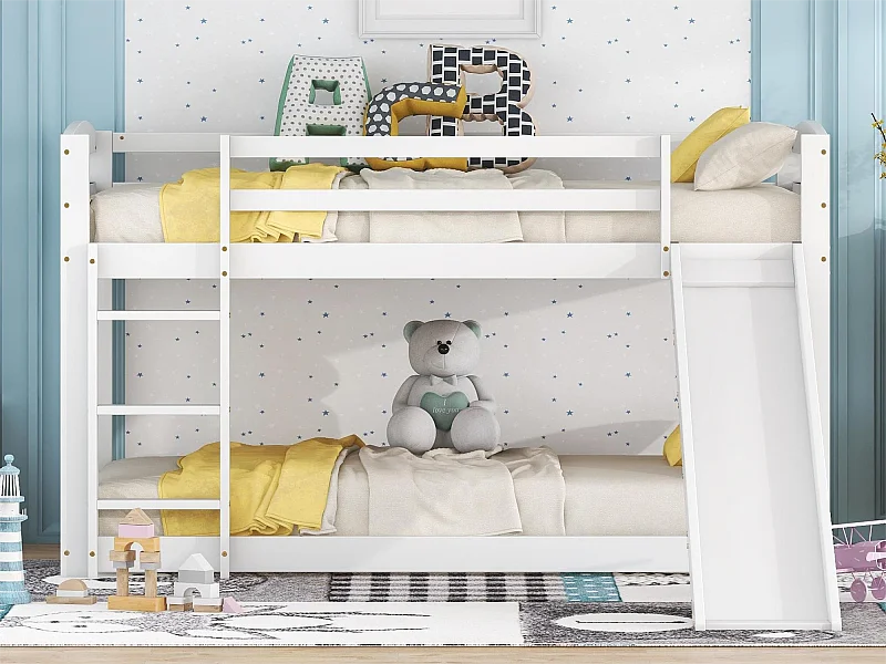 Lits superposés 2 places, 2x90x200cm avec toboggan et garde-corps, Cadre en pin, Sommier à lattes inclus, Blanc