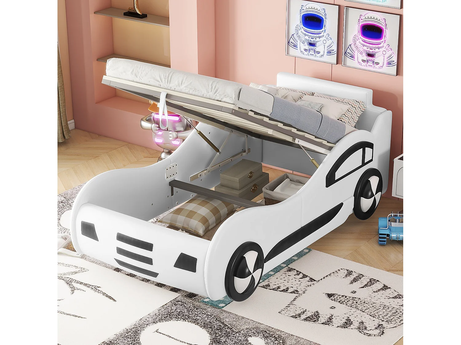 Kinderautobed met opbergbox - 90 x 200 cm - kunstleer - Grijs