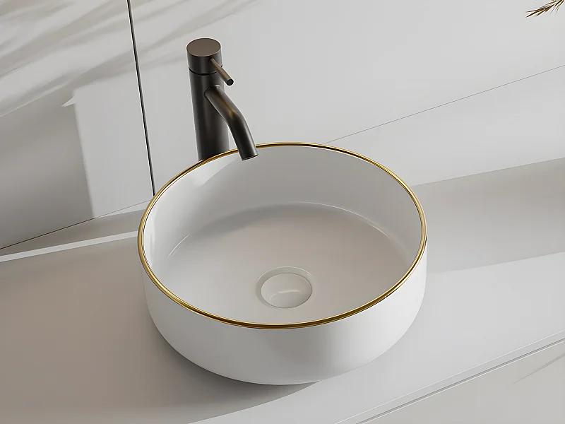 Vasque à poser ronde en céramique - Blanc avec liseré doré  - 36 cm - LENISO II