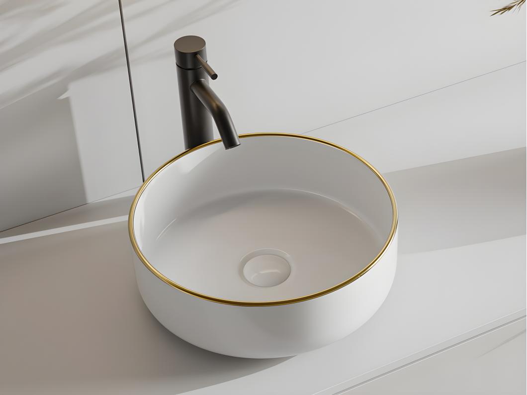 Lavatório de pousar redondo em cerâmica branco com debruado dourado 36 cm - LENISO II