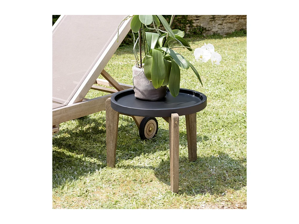 HECTOR - Table d'appoint 55x52cm plateau béton noir mat pieds acacia