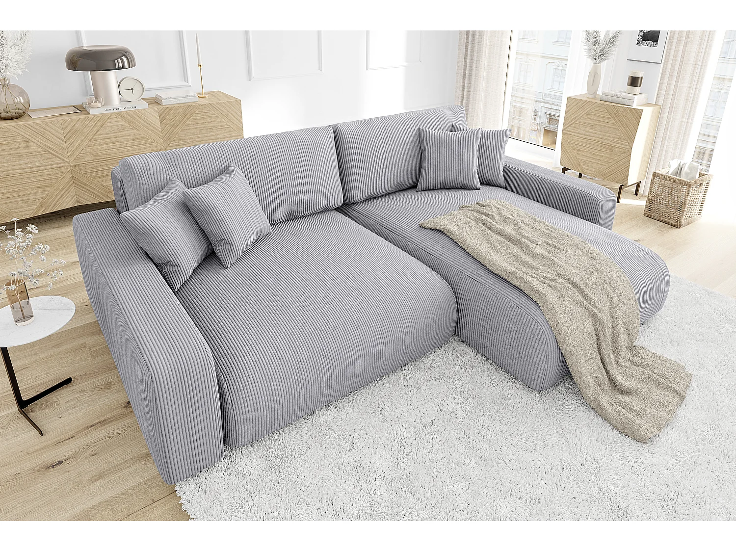 Emma-  Ecksofa mit Bettfunktion und Bettkasten in Cord-Stoff schöner Sitzkomfort