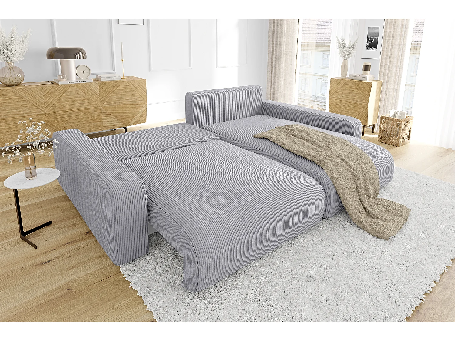 Emma-  Ecksofa mit Bettfunktion und Bettkasten in Cord-Stoff schöner Sitzkomfort