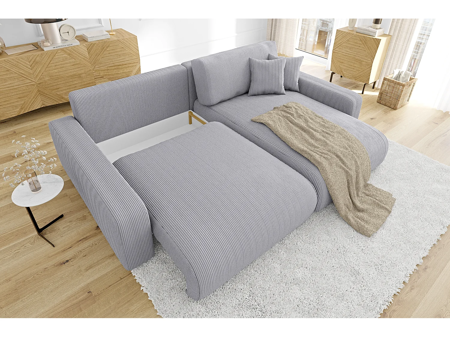 Emma-  Ecksofa mit Bettfunktion und Bettkasten in Cord-Stoff schöner Sitzkomfort