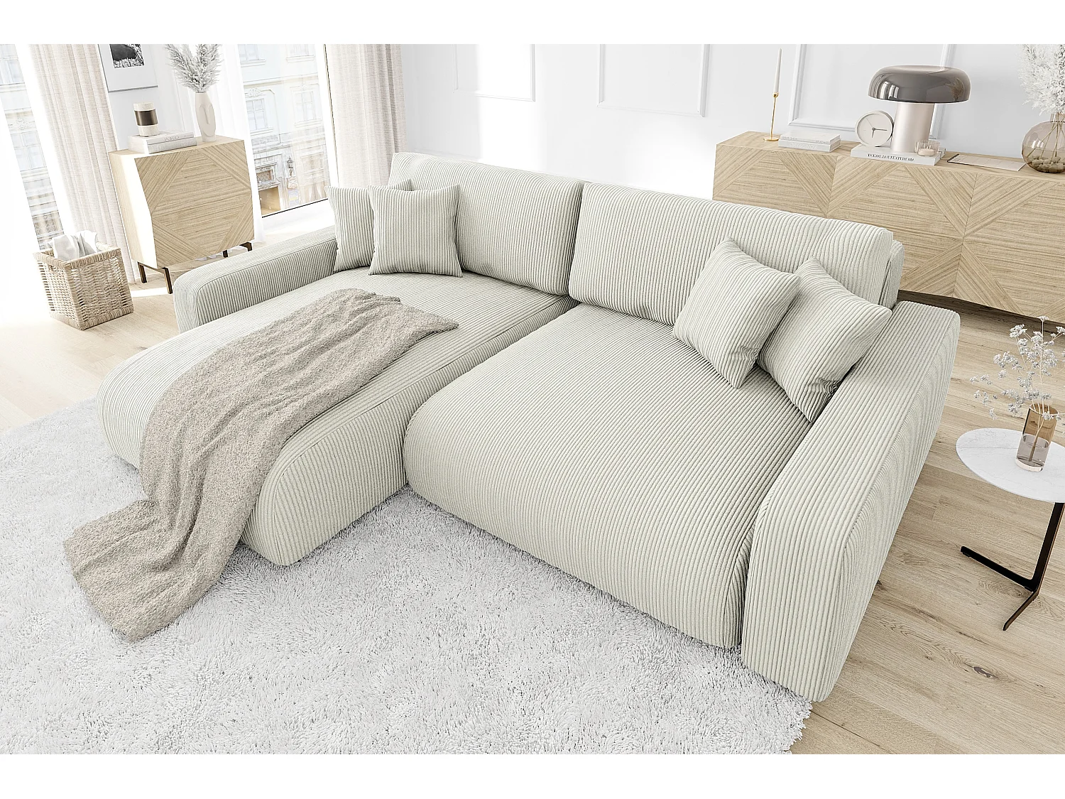 Emma-  Ecksofa mit Bettfunktion und Bettkasten in Cord-Stoff schöner Sitzkomfort