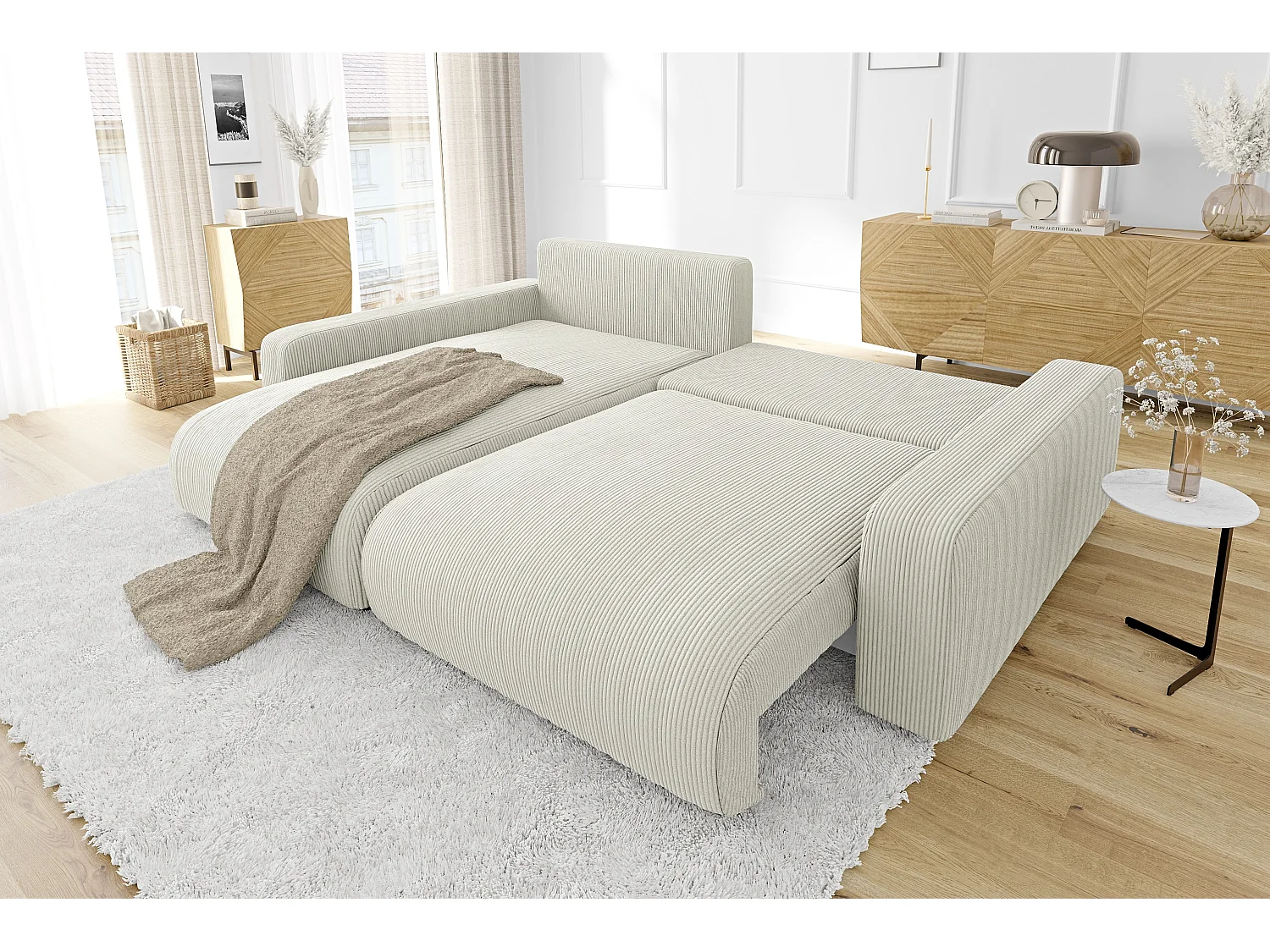 Emma-  Ecksofa mit Bettfunktion und Bettkasten in Cord-Stoff schöner Sitzkomfort