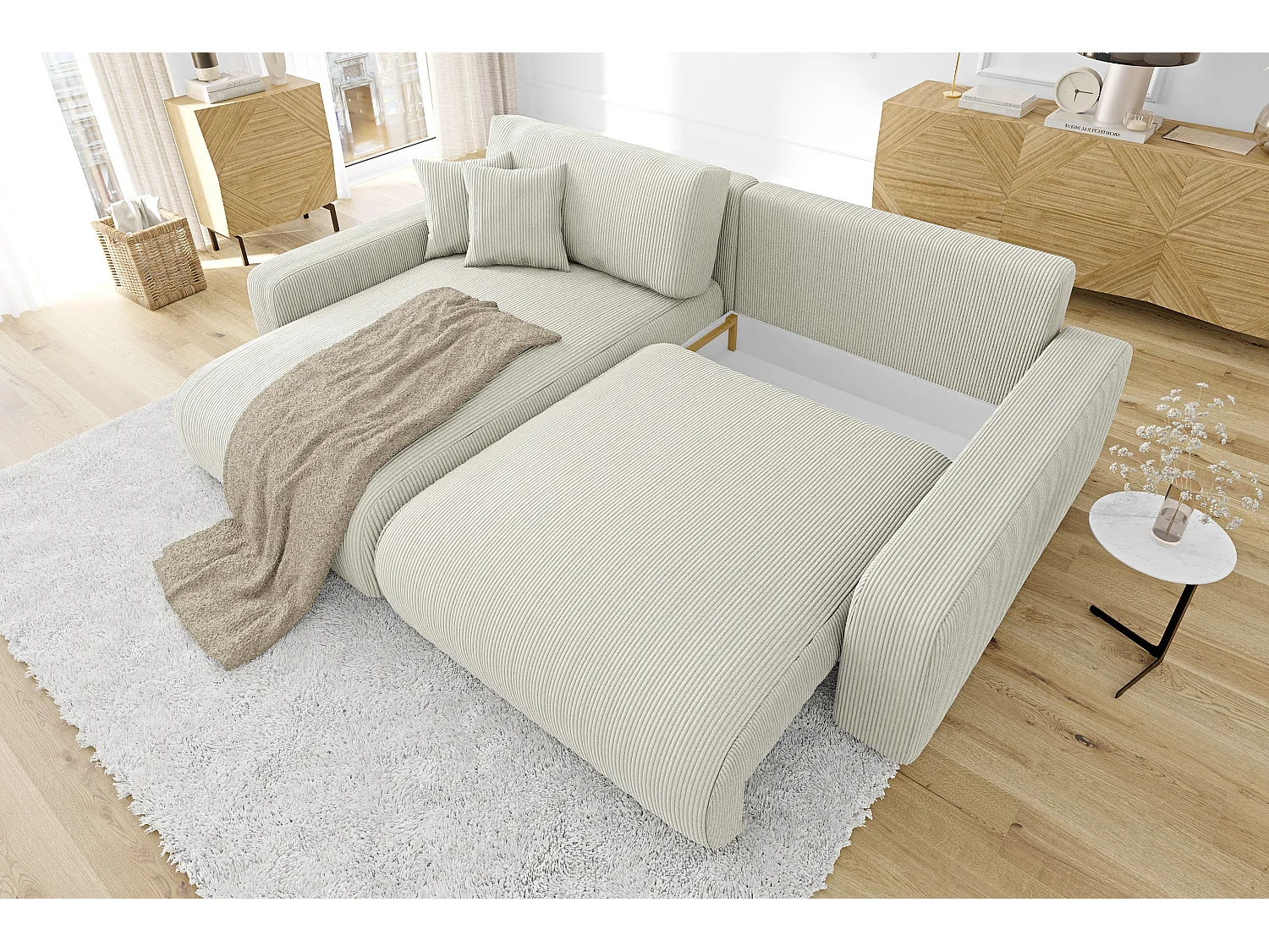 Emma-  Ecksofa mit Bettfunktion und Bettkasten in Cord-Stoff schöner Sitzkomfort