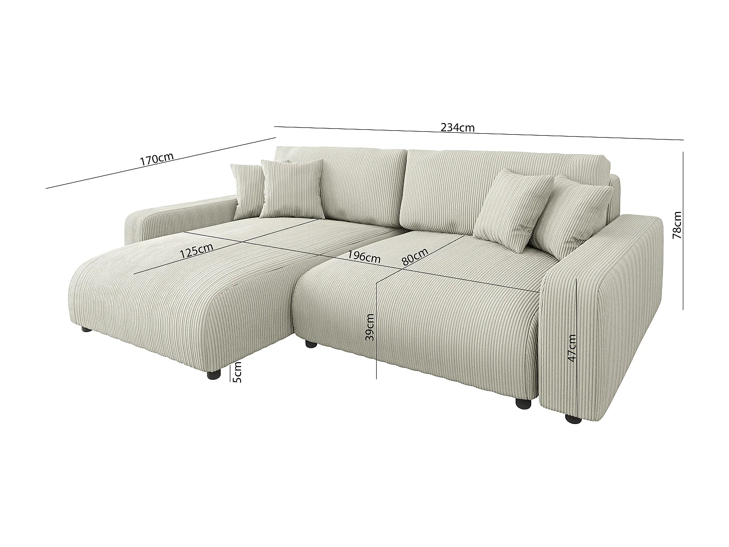 Emma-  Ecksofa mit Bettfunktion und Bettkasten in Cord-Stoff schöner Sitzkomfort