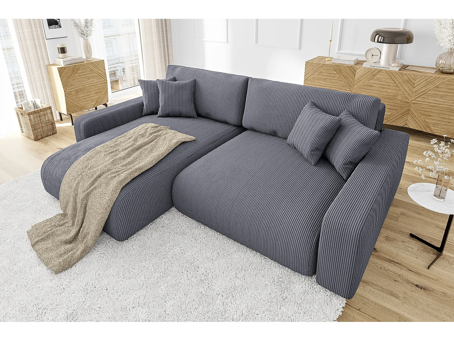 Emma-  Ecksofa mit Bettfunktion und Bettkasten in Cord-Stoff schöner Sitzkomfort