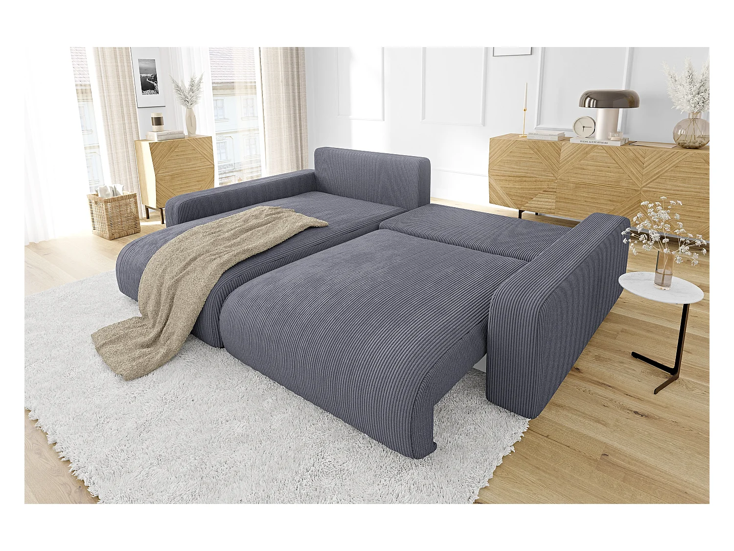 Emma-  Ecksofa mit Bettfunktion und Bettkasten in Cord-Stoff schöner Sitzkomfort