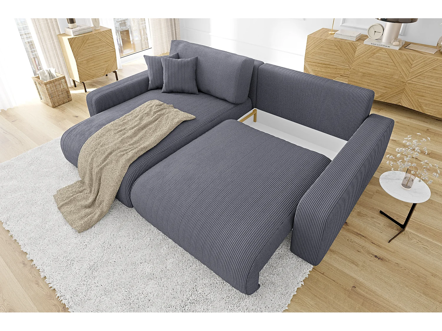 Emma-  Ecksofa mit Bettfunktion und Bettkasten in Cord-Stoff schöner Sitzkomfort