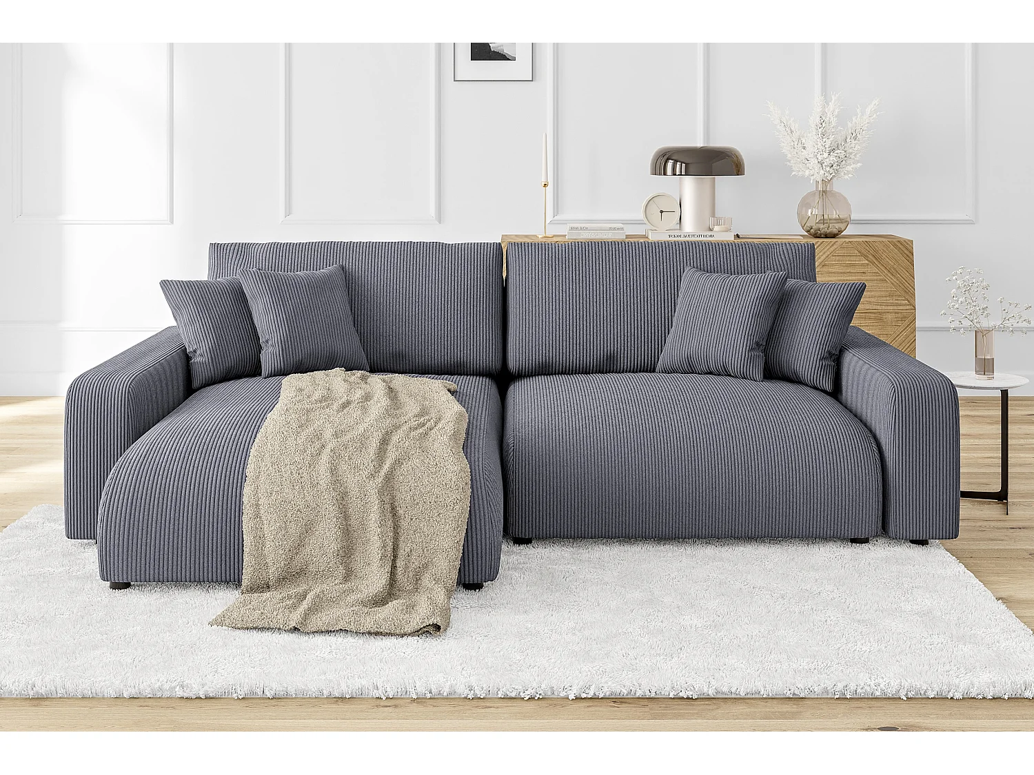 Emma-  Ecksofa mit Bettfunktion und Bettkasten in Cord-Stoff schöner Sitzkomfort