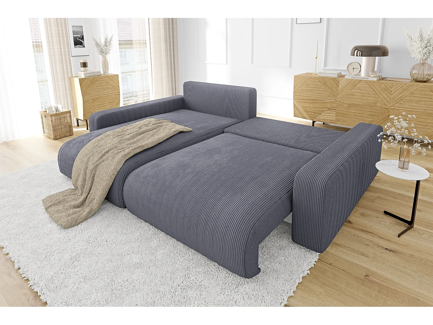 Emma-  Ecksofa mit Bettfunktion und Bettkasten in Cord-Stoff schöner Sitzkomfort