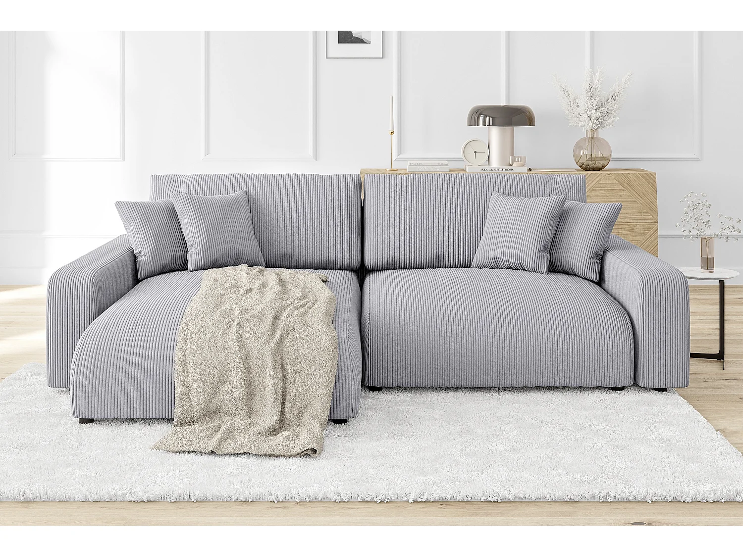 Emma-  Ecksofa mit Bettfunktion und Bettkasten in Cord-Stoff schöner Sitzkomfort