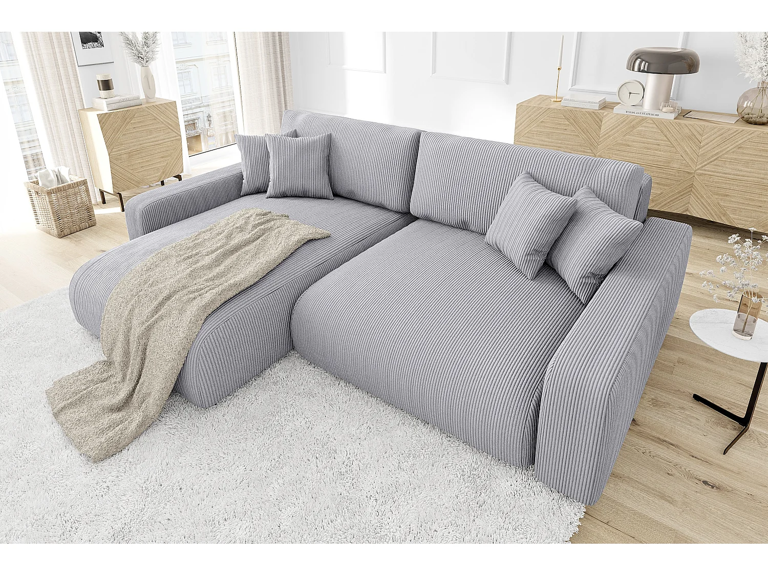 Emma-  Ecksofa mit Bettfunktion und Bettkasten in Cord-Stoff schöner Sitzkomfort