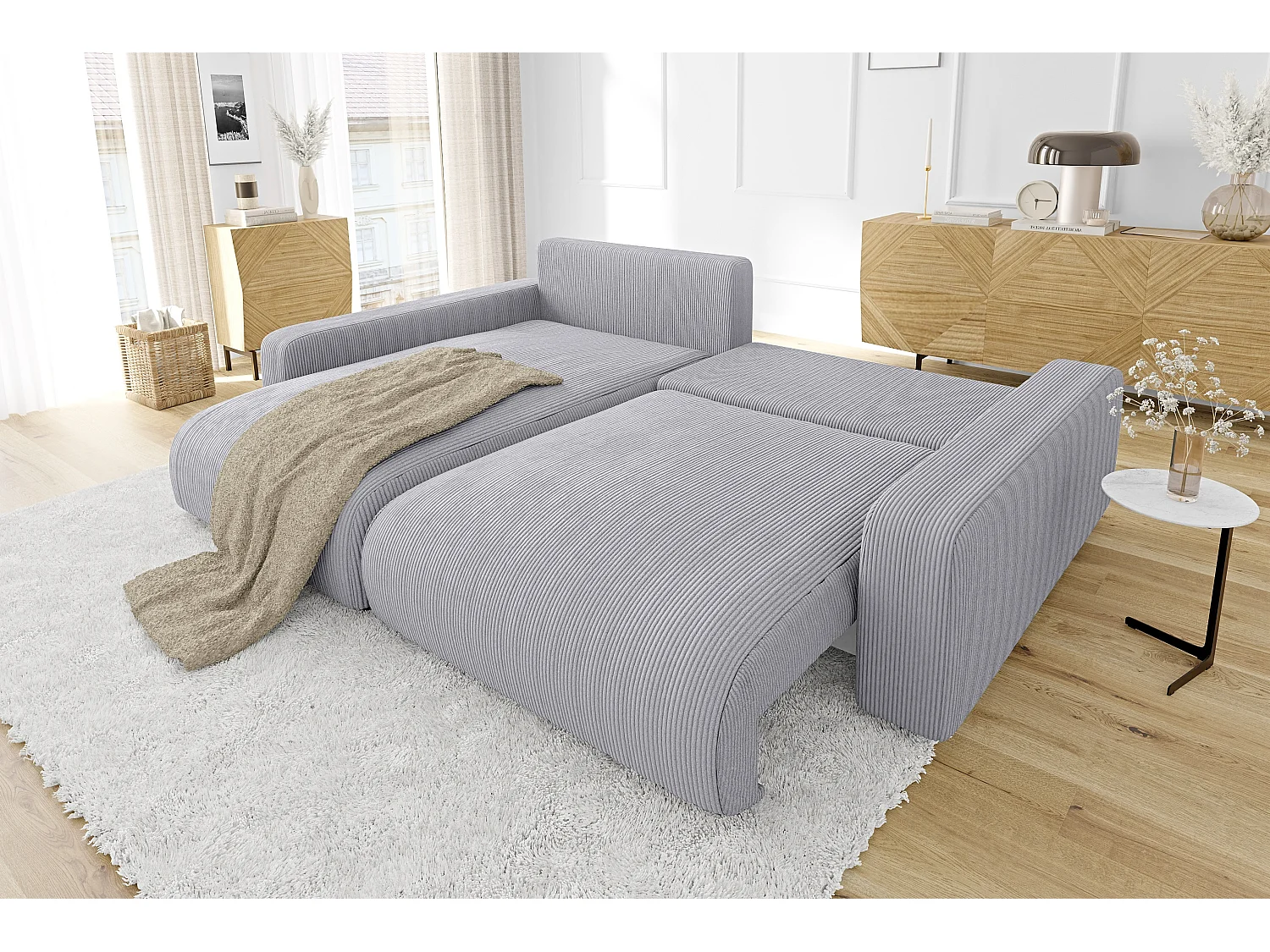 Emma-  Ecksofa mit Bettfunktion und Bettkasten in Cord-Stoff schöner Sitzkomfort