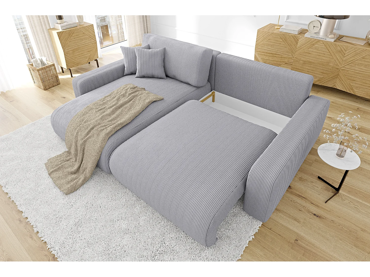 Emma-  Ecksofa mit Bettfunktion und Bettkasten in Cord-Stoff schöner Sitzkomfort