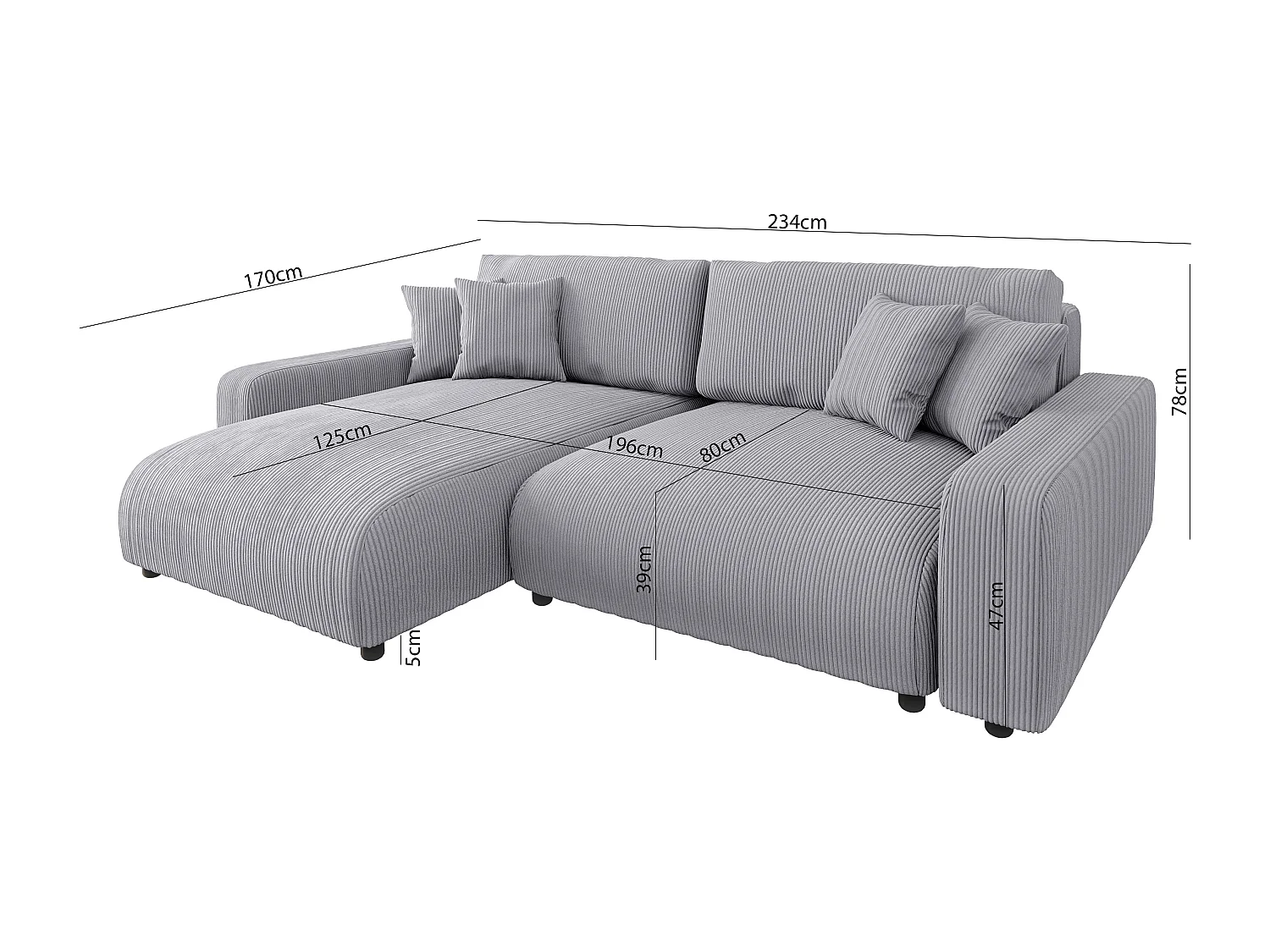 Emma-  Ecksofa mit Bettfunktion und Bettkasten in Cord-Stoff schöner Sitzkomfort